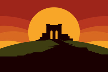 Obraz premium Ancient ruins of Pompeii silhouetted against an orange sunset sky with dramatic clouds