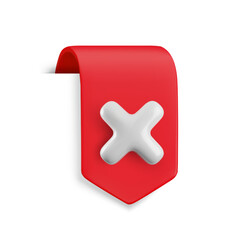 Vector Realistic 3d red ribbon with cross x sign. Vintage design element, decorative bookmark sticker with white no tick. Cartoon 3d cancel, delete button ribbon tag for web, ui, game, app
