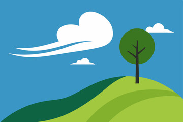 Fototapeta premium Summer landscape illustration with green trees, grass, and blue sky with clouds