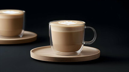 Obraz premium Two Glass Coffee Cups With Latte Art On Dark Background