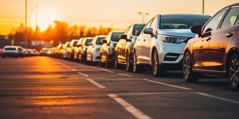 Sunset car lineup urban parking lot photography evening atmosphere wide angle automotive aesthetics