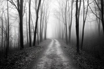 Fog-shrouded forest path winding through barren trees.
