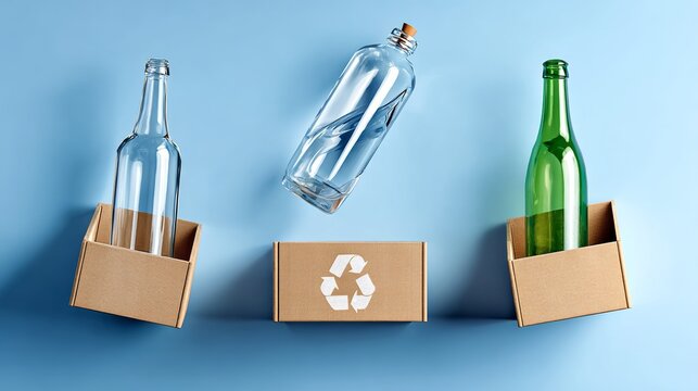 Three glass bottles, one clear, one green, and one transparent, are positioned above cardboard recycling boxes on a blue background, illustrating the importance of recycling and sustainability in ever