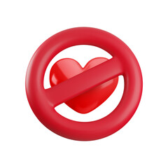 Vector Cartoon 3d ban love icon. Realistic 3d render of red prohibition sign and heart inside. Stop love, like forbidden, dislike 3d symbol for web, app, game, sticker
