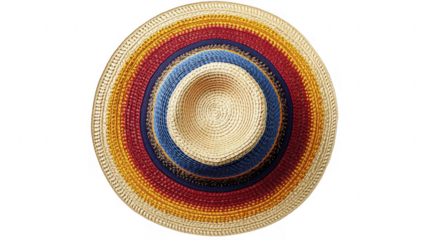 Straw sun hat with vibrant colored bands, on a transparent background, PNG image, PNG file.