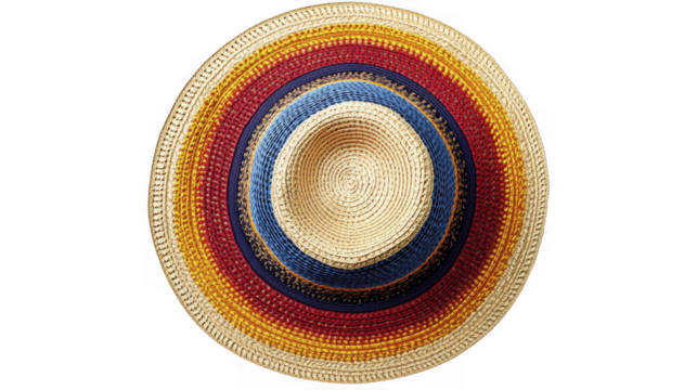 Straw sun hat with vibrant colored bands, on a transparent background, PNG image, PNG file.