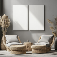 Double blank canvas on wall in modern grey room, perfect for home decor mockup with minimalist and neutral interior style.
