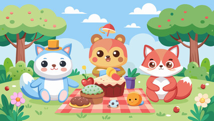 Naklejka premium Adorable cartoon animals picnic scene transparent background