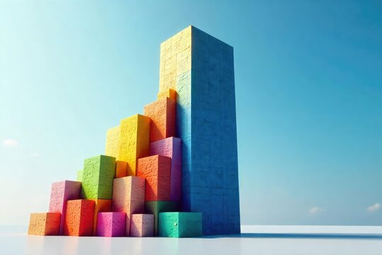 A diverse array of colorful building blocks morphing into a sleek, modern skyscraper, symbolizing successful business transformation and innovative growth strategies , technology, ambition
