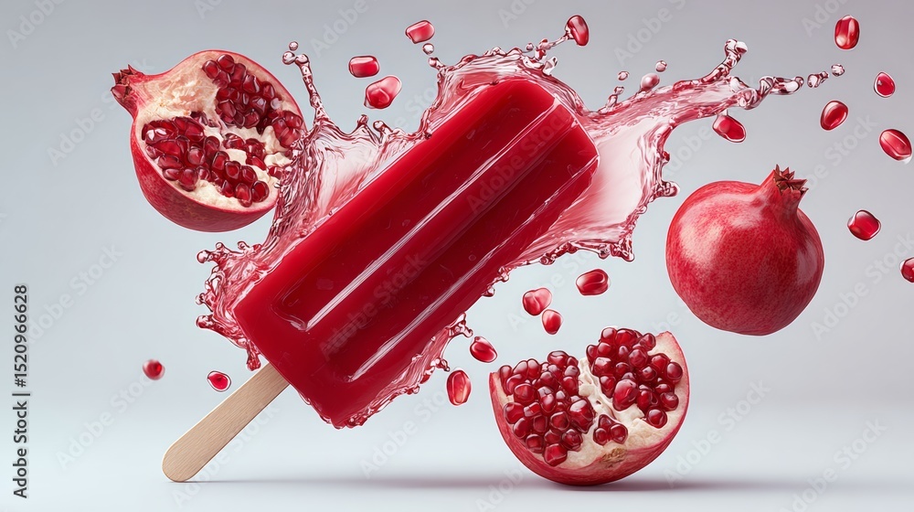Poster vibrant pomegranate popsicle surrounded by splashes of juice and fresh pomegranate halves, showcasin