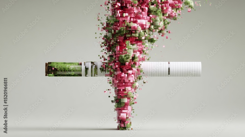 Poster digital illustration of a cigarette disintegrating into colorful pixels, symbolizing the impact of s