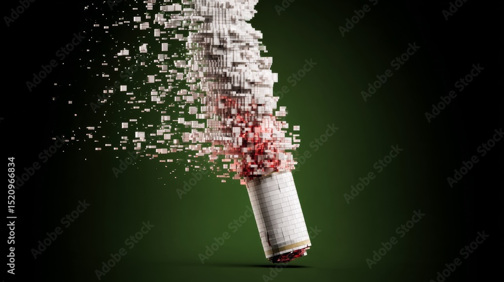 Poster digital illustration of a cigarette disintegrating into colorful pixels, symbolizing the impact of s