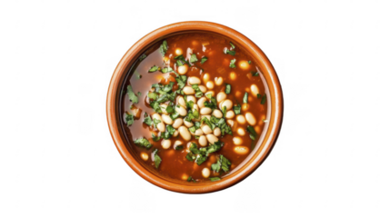 Hearty bean soup with tomato sauce and parsley in a bowl on a transparent background, PNG image, PNG file.