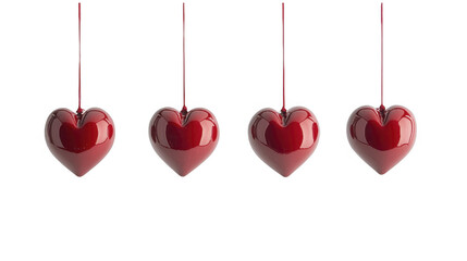 Four red heart ornaments hanging on a transparent background, PNG image, PNG file.