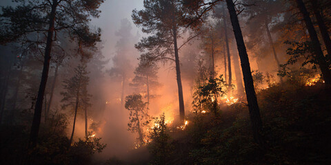 Forest wildfire with intense flames burning through trees and smoky atmosphere. Orange fire light illuminating dark woodland during natural disaster emergency