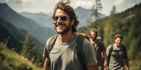 Naklejka premium Adventure hiking with friends in mountainous landscape outdoor lifestyle photography scenic viewpoint