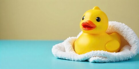 A fluffy bath towel playfully draped over a cheerful yellow rubber duck, ready for a relaxing bath time Perfect for bath product websites or blogs , rubber, yellow rubber duck, fun
