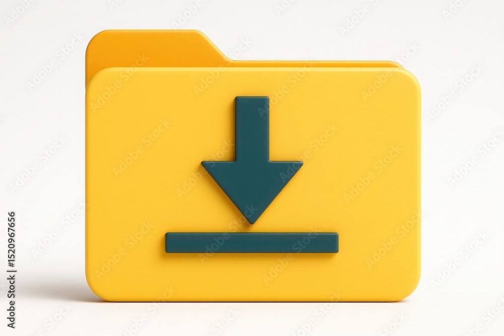 Poster 3d render of a yellow folder icon with a downward arrow representing file download on white backgrou