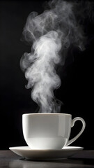 Steam rising from a white coffee cup on saucer