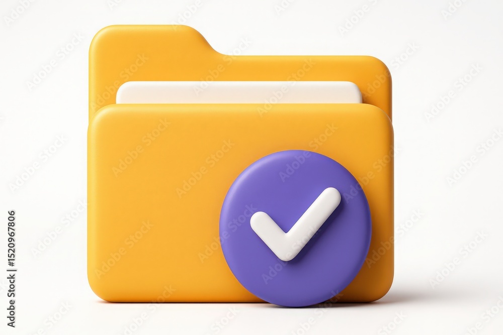 Poster 3d rendered yellow folder icon with check mark inside a purple circle represents file completion and