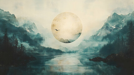 Misty mountain landscape with a large, ethereal moon.
