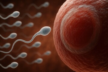 Microscopic view of sperm cells approaching an ovum a 3d rendering of fertilization and reproduction.