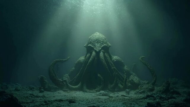 Dark sea creature awakens beneath green ocean light, its eyes ancient and cold. Lovecraft nightmare rises with tentacled fury. Lovecraft horror returns to devour sanity.