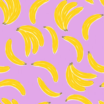 Illustration of bananas on a purple background with a seamless pattern