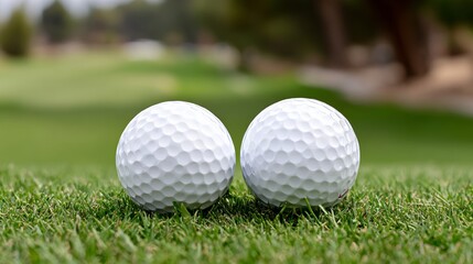 Two white golf balls resting on lush green grass, surrounded by a blurred golf course background, capturing the essence of the game and the anticipation of the next swing