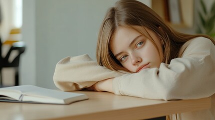 Bored student resting her head on the desk, surrounded by books, reflecting disinterest in schoolwork and feeling a lack of motivation amidst academic pressures and stress