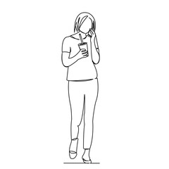 One continuous single drawing line art flat doodle coutline, talking, girl, young, lifestyle, coffee, phone, cup, drink. Isolated image hand draw contour on a white background
