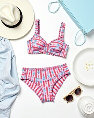 Striped swimsuit with summer accessories on a white background