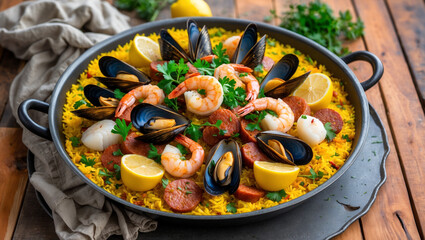 A gourmet paella with seafood, chorizo, and saffron rice