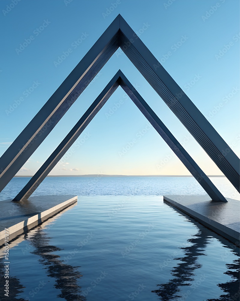Poster 3d modern architectural landmark – symmetrical triangular frame design - swimming pool
