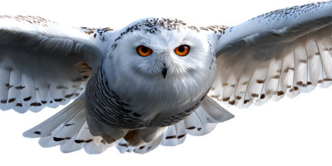 Snowy white owl mid-flight with wide wings spread wide, feathers detailed,tail, isolated on transparent background