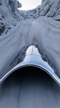 Vertical screen, polished bobsleigh gliding swiftly down a snow covered track, navigating icy curves with speed and precision, surrounded by towering snow capped cliffs