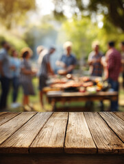 Wooden table surface with blurred outdoor barbecue party background and people gathering. Empty deck space for product display against social dining setting
