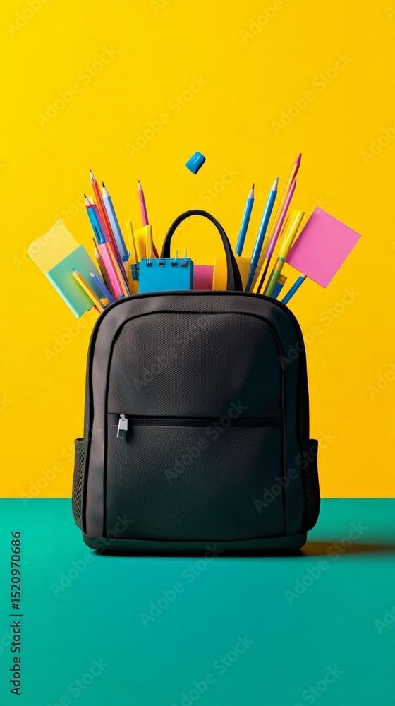 Poster black backpack overflows with colorful pens, pencils, notebooks, and sticky notes, set against a vib