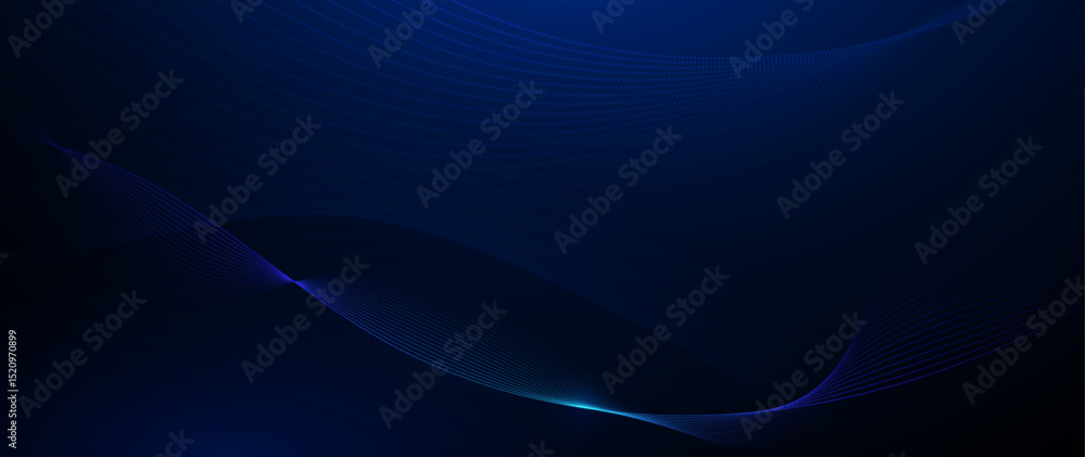 Poster vector abstract flowing wave line, particle dot pattern, neon light on dark blue gradient background
