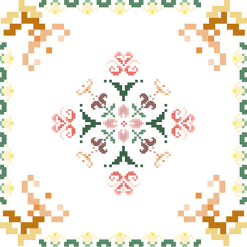 Pixel art cross stitch abstract geometric oriental sweet garden seamless pattern. Perfect geometry decorative design for fabric, clothing, embroidery, ornament, wallpaper, background, ceramic, mosaic