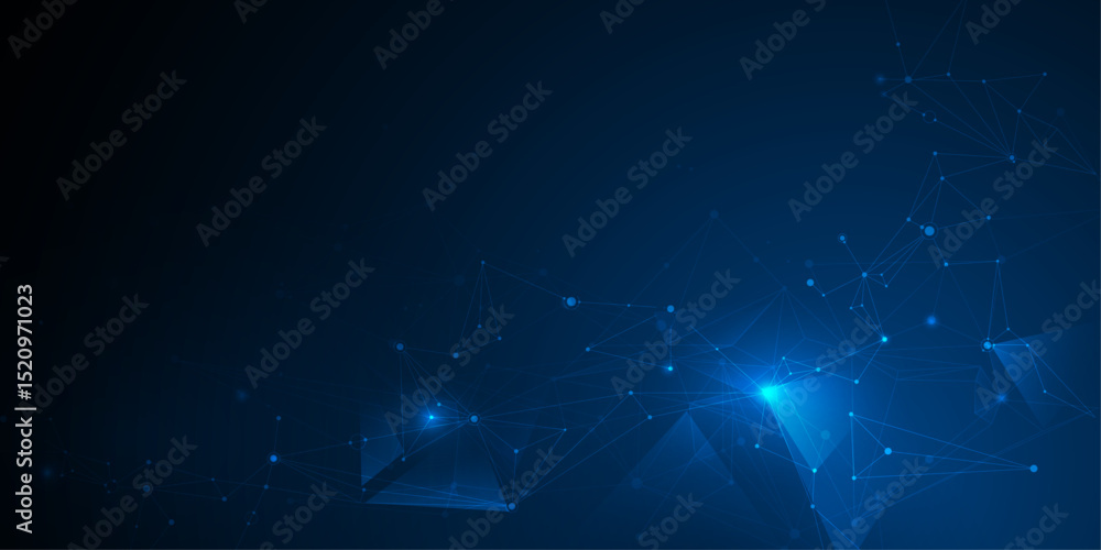 Leinwandbilder Vector molecule. Abstract internet network connection design for web site. Digital data, communication, science and futuristic concept. Network Connected lines with dots, technology on blue background
