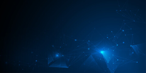 Vector molecule. Abstract internet network connection design for web site. Digital data, communication, science and futuristic concept. Network Connected lines with dots, technology on blue background
