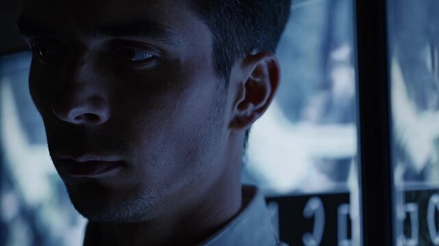 Security guard attentively monitoring multiple surveillance screens, maintaining vigilant watch in darkened control room, demonstrating professional focus and responsibility