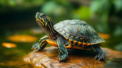 Obraz premium Close-up of a vibrant turtle resting on a rock.
