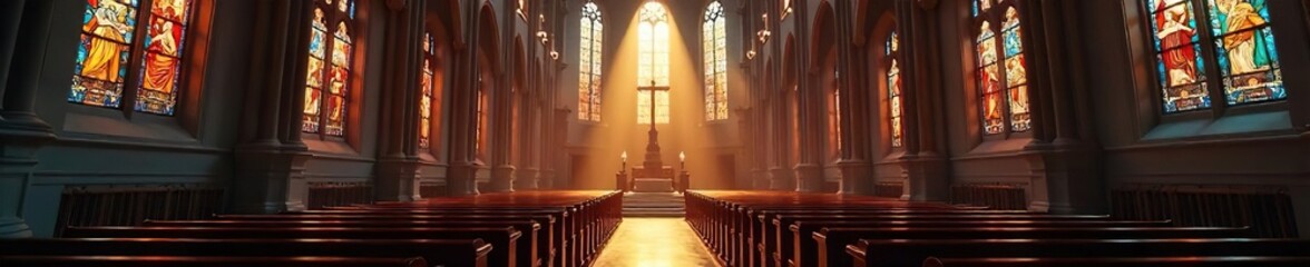 Obraz premium A majestic church interior filled with soft light illuminating stained glass windows, creating a serene and peaceful atmosphere perfect for worship and reflection , pews, architecture