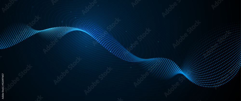 Poster illustration vector abstract wave, flow line, motion pattern and particle dot on dark blue backgroun