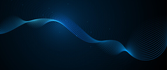 Illustration vector abstract wave, flow line, motion pattern and particle dot on dark blue background. Modern futuristic, big data design for background. Digital datum, high tech, technology concept