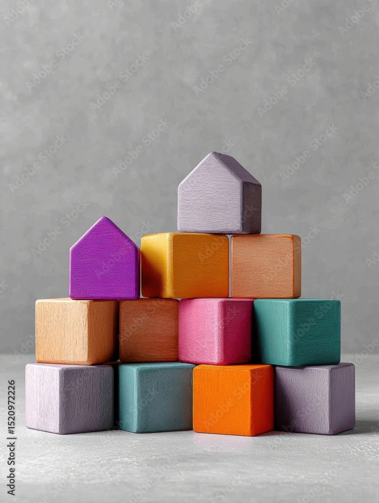 Poster bright wooden blocks create a colorful house structure against a soft grey backdrop, showcasing imag
