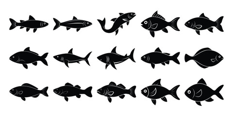 Silhouette Set of fish Fish Icons – Marine and Freshwater Species Collection on white background 