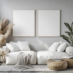 Double blank canvas on wall in modern grey room, perfect for home decor mockup with minimalist and neutral interior style.
